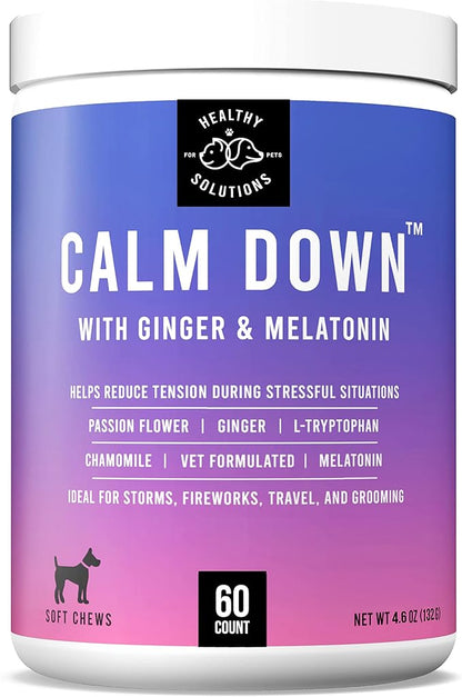 Calming Chews for Dogs - Dog Calming Treats for Anxiety &amp; Stress Relief with Melatonin and Ginger - Aid with Storms, Grooming, Fireworks, Separation, Travel, Motion Sickness, &amp; Sleep - 60 Soft Chews