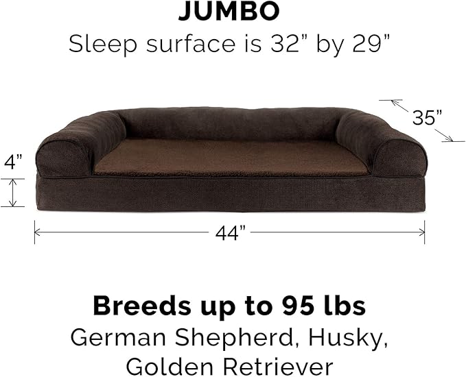 Furhaven Cooling Gel Dog Bed for Large Dogs w/ Removable Bolsters &amp; Washable Cover, For Dogs Up to 95 lbs - Sherpa &amp; Chenille Sofa - Coffee, Jumbo/XL