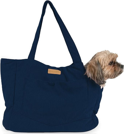 Corduroy Dog Carrier - Lightweight Cotton Soft-Sided Pet Tote with Safety Harness Clip - Breathable Travel Carrier for Small Dogs and Puppies (Dark Blue)