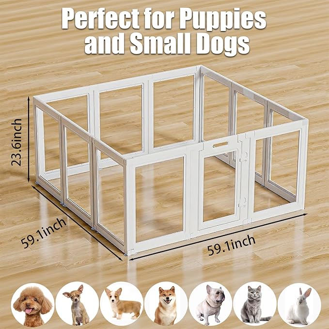 Clear Acrylic Dog Playpen Transparent Dog Playpens Indoor, Small Pet Play Pen for Small Dogs, Puppies, Cats &amp; Rabbits, Assemble &amp; Disassemble, with Door &amp; Suction Cups (23.6" H, 8PCS),White