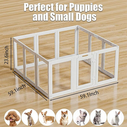 Clear Acrylic Dog Playpen Transparent Dog Playpens Indoor, Small Pet Play Pen for Small Dogs, Puppies, Cats &amp; Rabbits, Assemble &amp; Disassemble, with Door &amp; Suction Cups (23.6" H, 12PCS),White