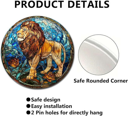 Lygond Metal Sign Tin Sign Circular Stained Glass Lion Metal Sign for Home Decor 8×8 Inches
