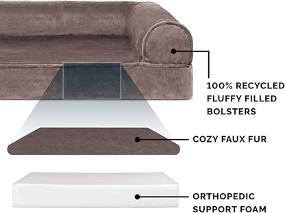 Furhaven Orthopedic Dog Bed for Large Dogs w/ Removable Bolsters &amp; Washable Cover, For Dogs Up to 125 lbs - Faux Fur &amp; Velvet Sofa - Driftwood Brown, Jumbo Plus/XXL