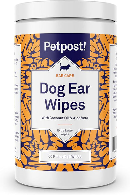 Petpost | Large Dog Ear Cleaner Wipes - Ultra Soft XL Cotton Pads in Coconut Oil Aloe Solution - Remedy for Dog Ear Rinse &amp; Cleanser 60 ct.