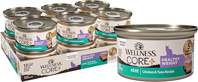 Wellness CORE+ Healthy Weight Pate Adult Wet Cat Food, Natural, Protein-Rich, Grain Free, 2.8 Ounce, 12 Pack (Chicken &amp; Tuna)