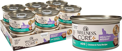 Wellness CORE+ Healthy Weight Pate Adult Wet Cat Food, Natural, Protein-Rich, Grain Free, 2.8 Ounce, 12 Pack (Chicken &amp; Tuna)