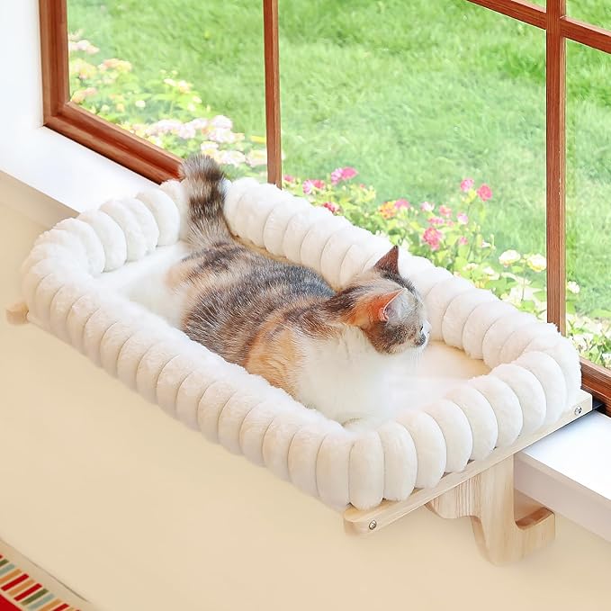SnugCloud Cat Window Perch with 4-Sided Bolster - Orthopedic Cat Hammock for Window Sill - Solid Hardwood &amp; Metal Frame - Window Seat for Pets (Natural Color Wood w/White Bed, Medium)