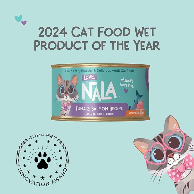 LOVE, NALA - Natural Adult Cat Wet Food - FLAKED Tuna and Salmon in Broth- Grain Free, Non-GMO, Lean Protein, Omega 3, Added Minerals &amp; Vitamins - 12 Pack 2.4 lbs.