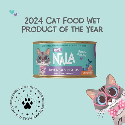 LOVE, NALA - Natural Adult Cat Wet Food - FLAKED Tuna and Salmon in Broth- Grain Free, Non-GMO, Lean Protein, Omega 3, Added Minerals &amp; Vitamins - 12 Pack 2.4 lbs.