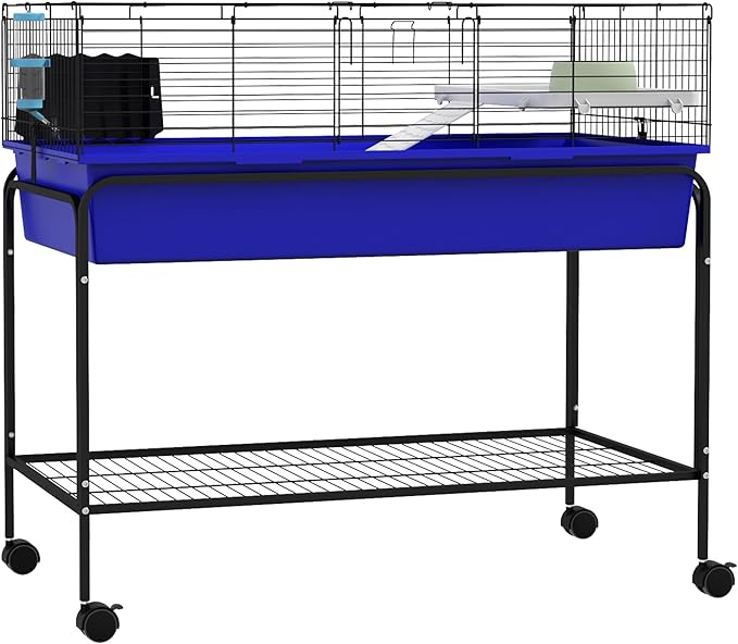 PawHut Two-Story Small Animal Cage Removable from Stand, Guinea Pig Cage with Shelf &amp; Wheels, Pet Habitat for Hedgehog, Chinchilla, Ferret, 39" x 20.5" x 36.5", Blue