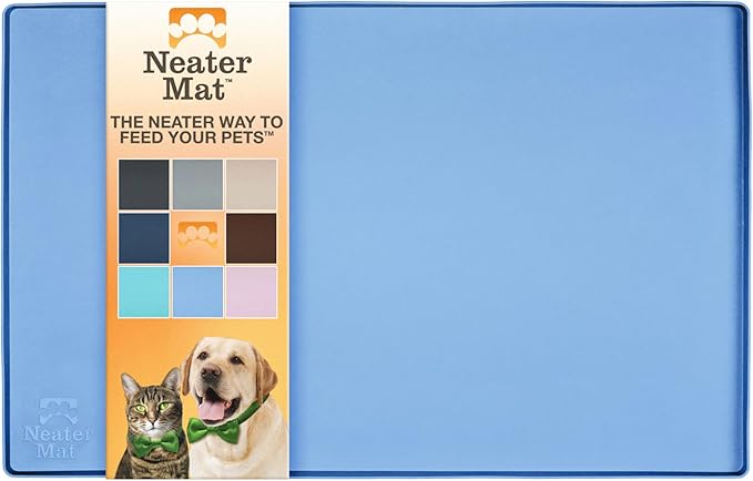 Neater Pet Brands Neater Mat Pet Mats for Food and Water, Cat &amp; Dog Bowl Mat Waterproof Silicone, Feeding Tray, Dog Food Mats for Floors, Placemat w/Raised Edge for Under Bowls, 16” x 10”, Light Blue