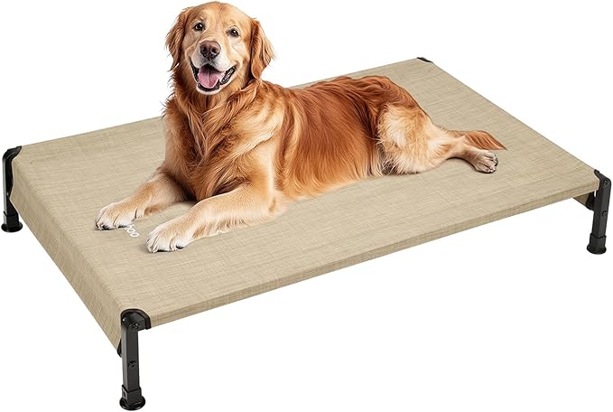 Veehoo Cooling Outdoor Dog Bed, Heavy Duty Elevated Pet Bed with Washable &amp; Breathable Teslin Mesh, Non-Slip Silicon Feet, Dog Cot Bed with Support Hem, 47" x 29", Beige Coffee, CWC2433