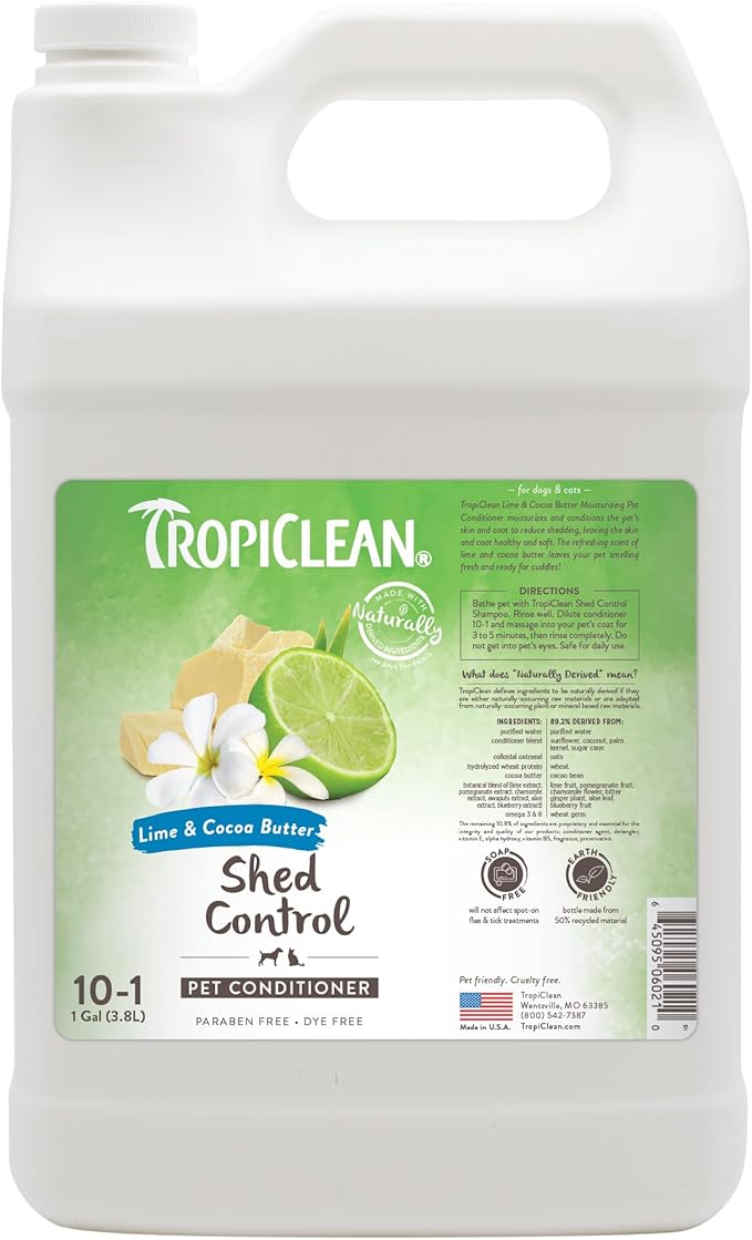 TropiClean Deshedding Dog Conditioner, Professional Conditioner, Reduces Shedding &amp; Softens Coat, Puppy Safe, Lime &amp; Cocoa Butter Scent, 1 Gallon