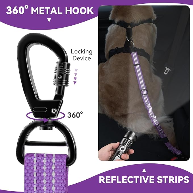 Pawaboo Dog Seatbelt for Car, 3-in-1 Dog Seat Belt Bungee, Shockproof Dogs Tether for Car with Buckle &amp; Hook Latch, Adjustable Reflective Dogs Cars Harness Leash with 360° Lockable Buckle, Purple