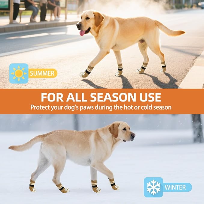 PUPTECK Non-Slip Dog Socks to Prevent Licking Paws, Double Sides Dog Boots &amp; Paw Protectors Booties Traction on Hardwood Floors Hot Pavement with Grippers, for Small Medium Large Senior Dogs, Khaki L