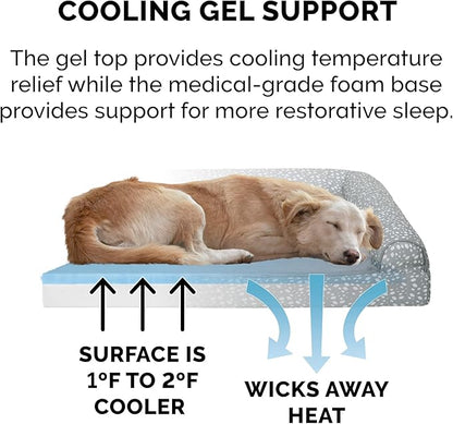 FurHaven Supportive Cooling Memory Foam L Chaise Dog Bed with Washable &amp; Removable Cover - Plush &amp; Almond Print - Gray Almonds, Dogs Up to 35 lbs - Medium