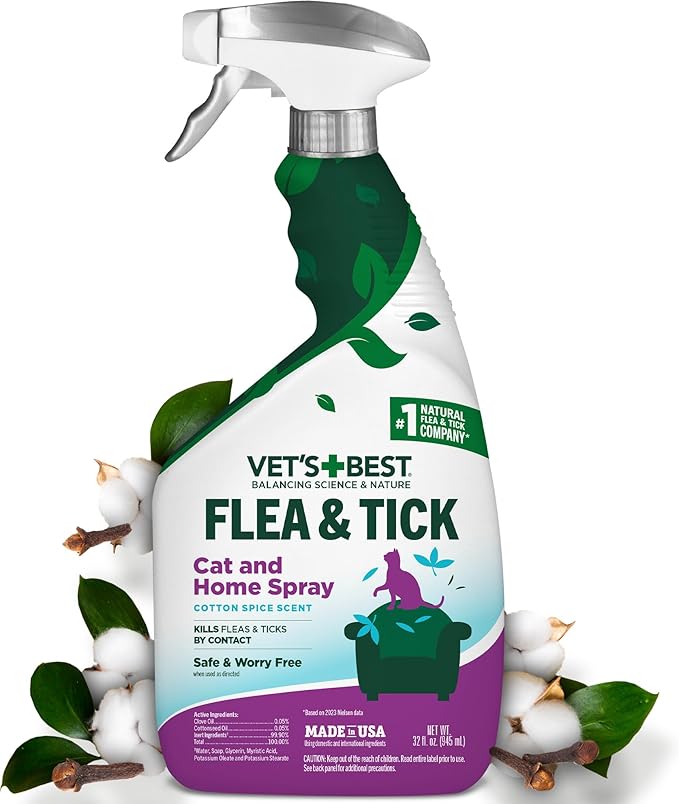 Vet’s Best Flea &amp; Tick Home Spray for Cats – Plant-Based Flea and Tick Treatment with Cotton Spice Scent – Gentle Flea Mist for Indoor Use – Made in USA Natural Cat Flea Control – 32 oz