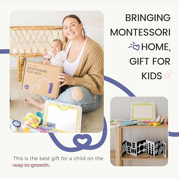 Tiny Land Montessori Baby Toy Set 0-3 Months Newborn Development Sensory Play Kit - 5-in-1 Mirror, Black &amp; White Card Set, Rolling Bell, Play Mat, and Bed Wrap