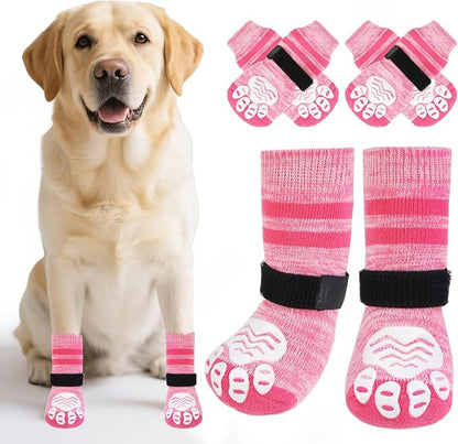 PUPTECK Non-Slip Dog Socks to Prevent Licking Paws, Double Sides Dog Boots &amp; Paw Protectors Booties on Hardwood Floors Hot Pavement with Grippers, for Small Medium Large Senior Dogs, Fuchsia M