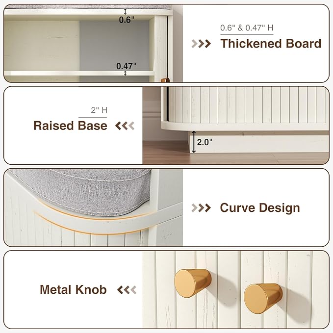 Cream White 39.4" W 2-Tier Shoe Bench with Storage | Entryway Bench with Padded Cushion, Sliding Doors &amp; 5 Hooks