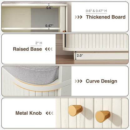 Cream White 39.4" W 2-Tier Shoe Bench with Storage | Entryway Bench with Padded Cushion, Sliding Doors &amp; 5 Hooks