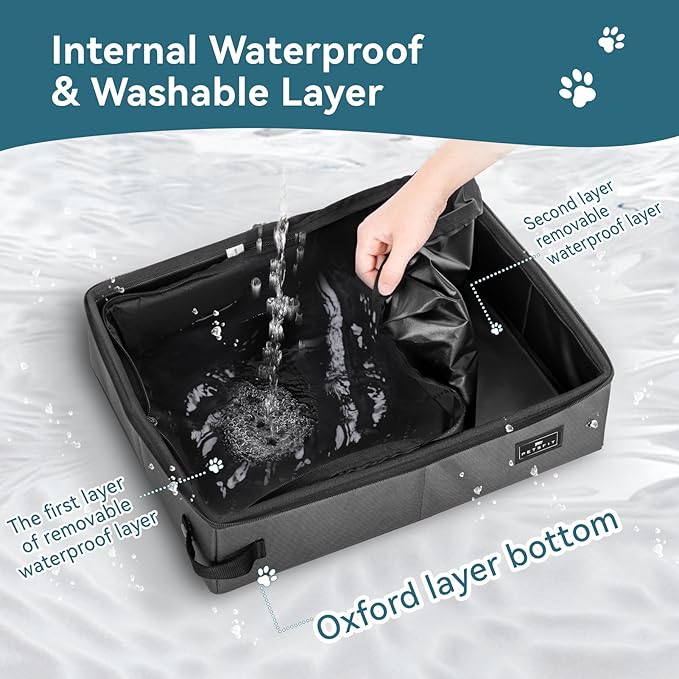 PETSFIT Portable Cat Litter Box - Removable 2-Layer Leak-Proof Lining, Scratch-Resistant Fabric with Sturdy Support Frame, Travel &amp; Collapsible Cat Litter Box Grey