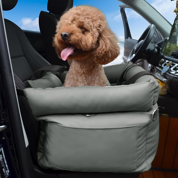 Dog Car Seat for Small Dogs, Large Leather Dog Car Bed with Storage Pocket, Waterproof PVC Leather Booster Seat Travel Bed for Front &amp; Back Seat, Clip-On Safety Leash (Grey)