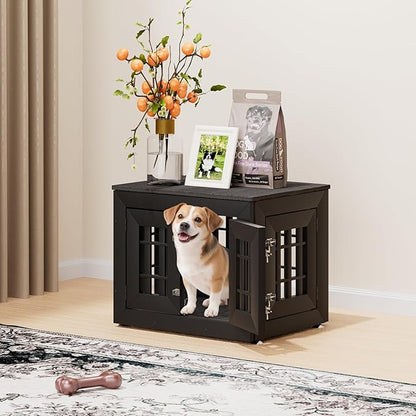 26" Heavy Duty Dog Crate Furniture for Small,Medium and Large Dogs,Rustic Wooden Dog Cage Kennel Indoor Furniture with Waterproof Top,Decorative Pet House Side End Table (Black &amp; Grey)