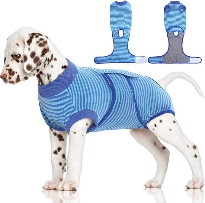 FUAMEY Recovery Suit for Dogs After Surgery,Soft Breathable Dog Bodysuit E-Collar &amp; Cone Alternative Surgical Suit,Male Female Dog Neuter Spay Suits Anti Licking Wounds Onesie Navy Blue Strips XS