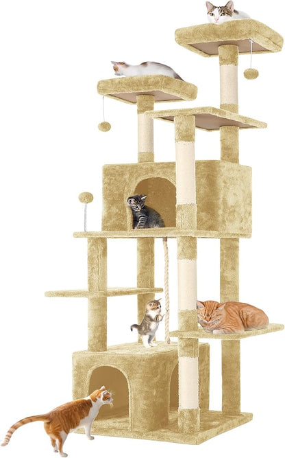 69in Large Cat Tree Tower for Indoor Cats with Soft Plush Hang Ball, Two Condos, Sisal Scratch Posts &amp; Rope Play for Kittens/Adult Cats, Beige