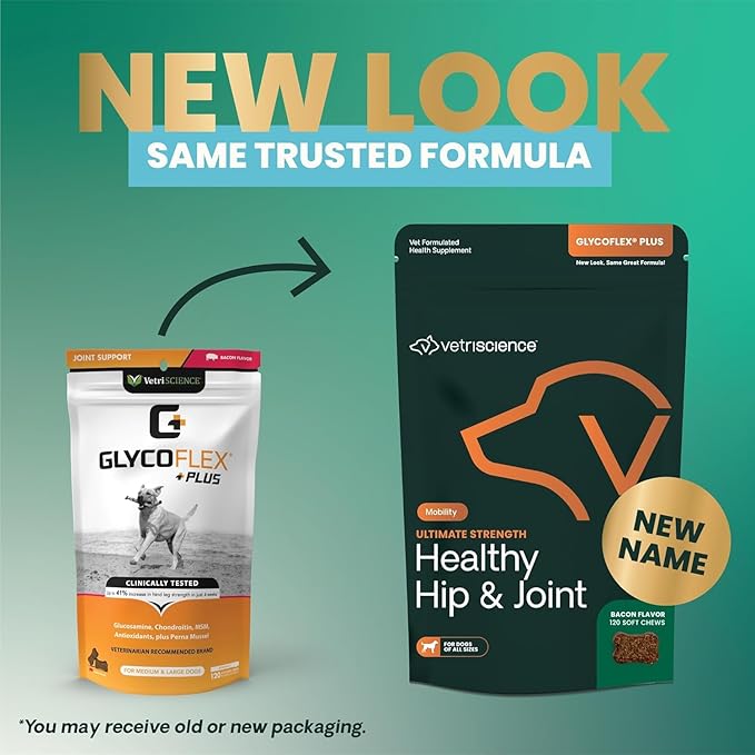 VetriScience GlycoFlex Ultimate Strength Healthy Hip &amp; Joint Glucosamine Supplements for Dogs, with MSM, Chondroitin &amp; Green-Lipped Mussel, Soft Chews, Bacon, 120 Count - New Look