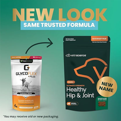 VetriScience GlycoFlex Ultimate Strength Healthy Hip &amp; Joint Glucosamine Supplements for Dogs, with MSM, Chondroitin &amp; Green-Lipped Mussel, Soft Chews, Bacon, 120 Count - New Look