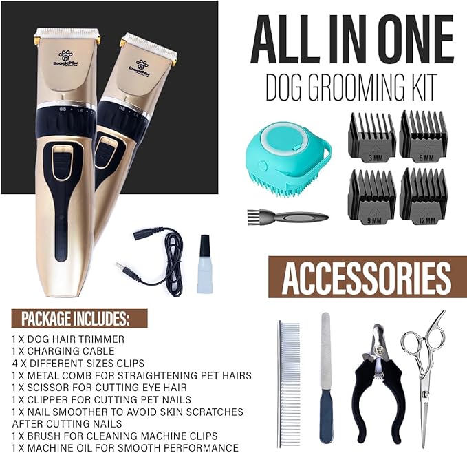 Grooming Kit for Dogs at Home - Rechargeable Low Noise Cat and Dog Shavers &amp; Clippers for Grooming Thick Hair - Cordless Grooming Clippers Includes Pet Hair Clippers, Nail Trimmer, Shears &amp; Bath Brush