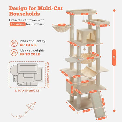 Large Cat Tree for Big Cats &amp; Multi-Cat Homes, 81 Inch Tall Cat Tower with Sturdy Metal Hammock, 6 Sisal Scratching Posts, 2 Cozy Condos, 2 Top Perches - Multi-Level Cat Tower, Beige