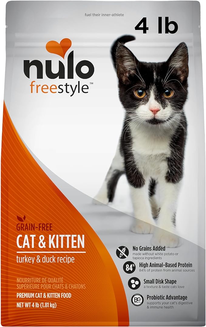 Nulo Freestyle High Protein Cat &amp; Kitten Food, Turkey &amp; Duck Recipe - Natural Grain-Free Dry Cat Food with Omega Fatty Acids &amp; Probiotics, 4 lb Bag