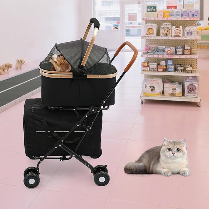 Foldable Pet Stroller for Small &amp; Medium Dogs, Double Dog &amp; Cat Stroller with 3-in-1 Travel System, Detachable Pet Carrier with Wheels for Cats and Dogs up to 77 lbs, Black