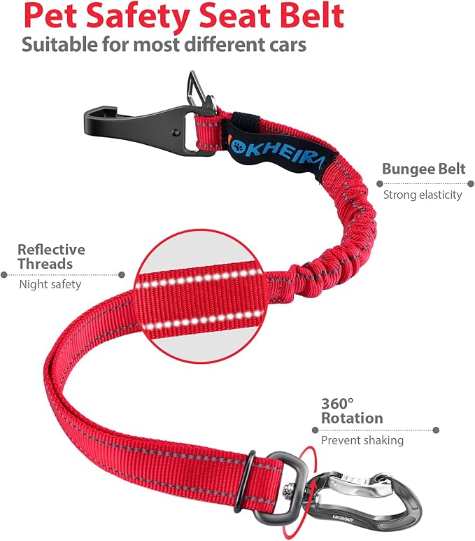 IOKHEIRA Dog Seatbelt, Updated Dog Seat Belt, Reflective Bungee Dog Car Harness, Multifunctional Pet Safety Belt with Hook Latch &amp; Seatbelt Buckle, Swivel Aluminum Carabiner, Red