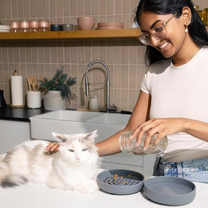 The Slowdown Bowl Silicone Slow Feeder for Cats &amp; Kittens, Slow Eating Mealtime Solution with Modern Lick Mat Design, Reduces Gulping, Fits 1 Cup 6” Across x 1.25” Tall, Small-Tan