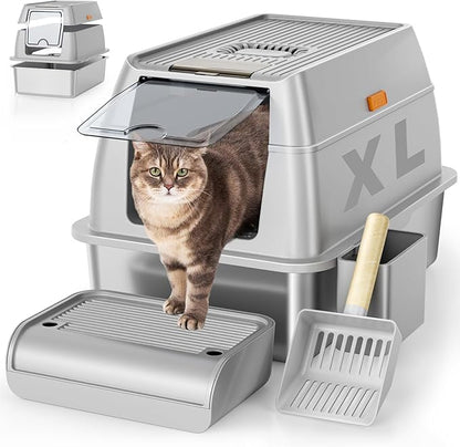 Stainless Steel Cat Litter Box with Lid, XL Extra Large Litter Box for Big Cats, Enclosed Removable Metal Litter Boxs with High Sided Enclosure &amp; Scoop, Anti-Leakage, Non-Sticky, Easy Cleaning(Grey)