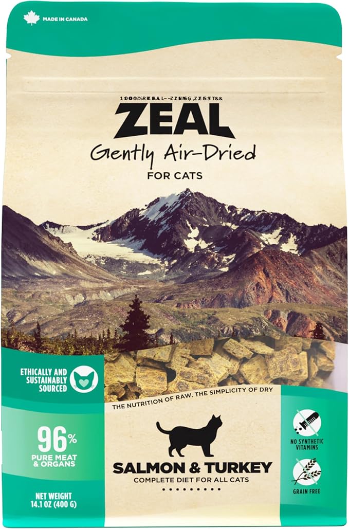 ZEAL Canada Air-Dried Salmon &amp; Turkey Recipe for Cats - Superfood Omega-3 Rich, Dual-Protein, Grain Free, No Fillers, Complete Nutrition (Salmon &amp; Turkey, 14.1 oz)