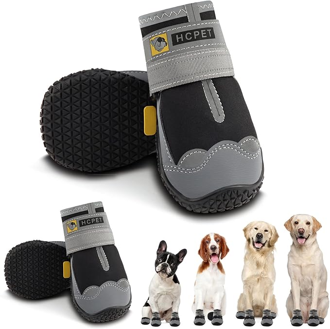 Hcpet Dog Shoes for Large Dogs, Waterproof Dog Booties for Small Medium Dogs, Anti-Slip Dog Boots &amp; Paw Protectors for Hot Pavement Winter Snow Hiking with Reflective Straps Black Size 7