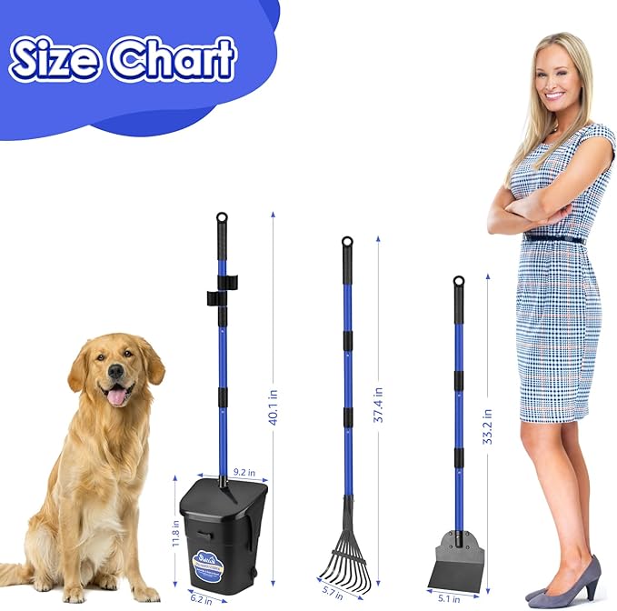 Lukovee Dog Pooper Scooper, 37.4" Long Adjustable Metal Handle Swivel Bin &amp; Rake &amp; Spade Kit with 20 Poop Bags, Portable Dog Non-Breakable Poop Scooper for Gravel Yard Lawn Grass, Blue