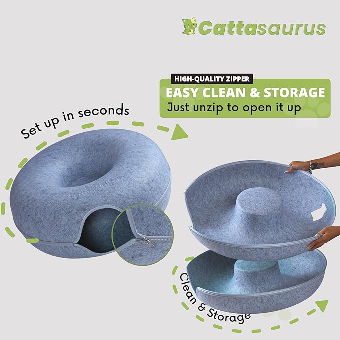 Cattasaurus Peekaboo Cat Cave, Extra Spacious for Multiple &amp; Large Cats 12+ lbs, Scratch Detachable Beds for Indoor Cats, Washable Tunnel Bed, Comfy Cat Donut Tunnel (Light Gray+Light Gray, Jumbo)