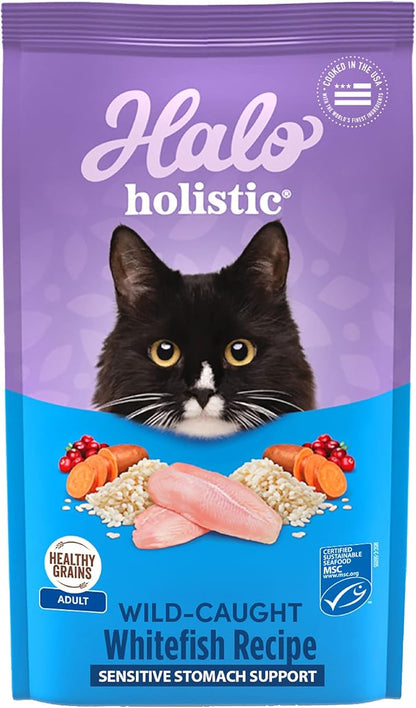 Halo Holistic Cat Food Wild Caught Salmon &amp; Whitefish Formula, Healthy Grains Dry Cat Food, For Sensitive Stomach Support, Kibble for Adult Cats, 3 lb Bag