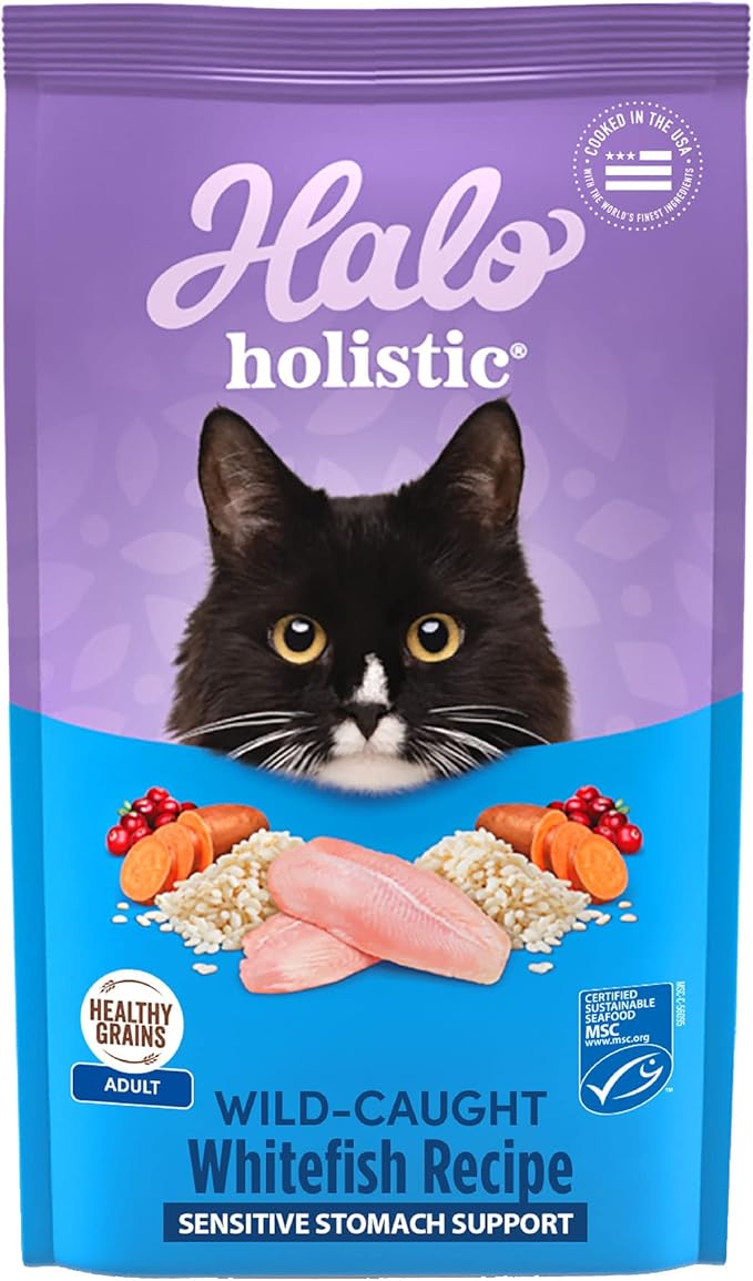 Halo Holistic Cat Food Wild Caught Salmon &amp; Whitefish Formula, Healthy Grains Dry Cat Food, For Sensitive Stomach Support, Kibble for Adult Cats, 10 lb Bag