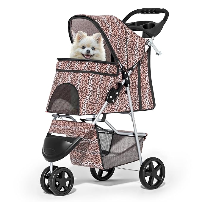 MoNiBloom 3 Wheels Pet Dog Cat Stroller for Small Medium Dogs Cats, Lightweight Foldable Jogger Stroller w/Storage Basket &amp; Cup Holder, Leopard Print
