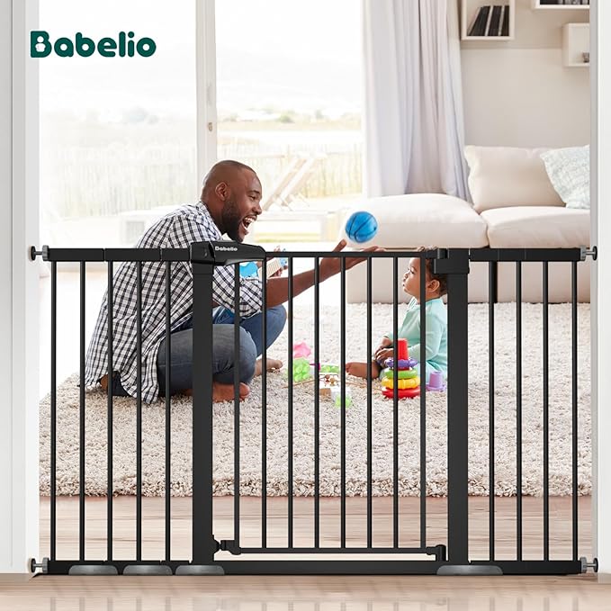 BABELIO 36" Tall Baby Gate, 29-55" Auto Close Pressure Mounted Dog Gate for Doorways &amp; Hallway, Pressguard Basics Easy Walk Thru Pet Gate, Extra Wide Metal Child Gate, Black