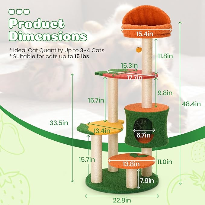 Happy &amp; Polly Cute Cat Tree - 48.4" Fruit World Cat Tower for Indoor Cats, Multi-Level Cat Condo with Sisal Scratching Posts, Private Cave, Plush Strawberry Perches, Perfect Cat Tree Activity Center