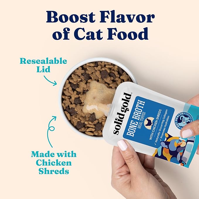 Solid Gold Bone Broth Cat Food Topper - Limited Ingredient Lickable Cat Broth Pouches w/Chicken Protein Shreds &amp; Collagen for Hydration &amp; Gut Support - Easy to Serve Gravy for Cats Meal Topper - 12ct