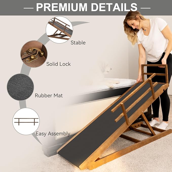 ABORON Folding Pet Ramp, 5-Level Adjustable Dog Ramp for Bed, Couch, SUV - High Traction Rubber Surface, Supports up to 200 lbs, 45.2" Long - Ideal for Small &amp; Large Dogs &amp; Cats,Brown Finish